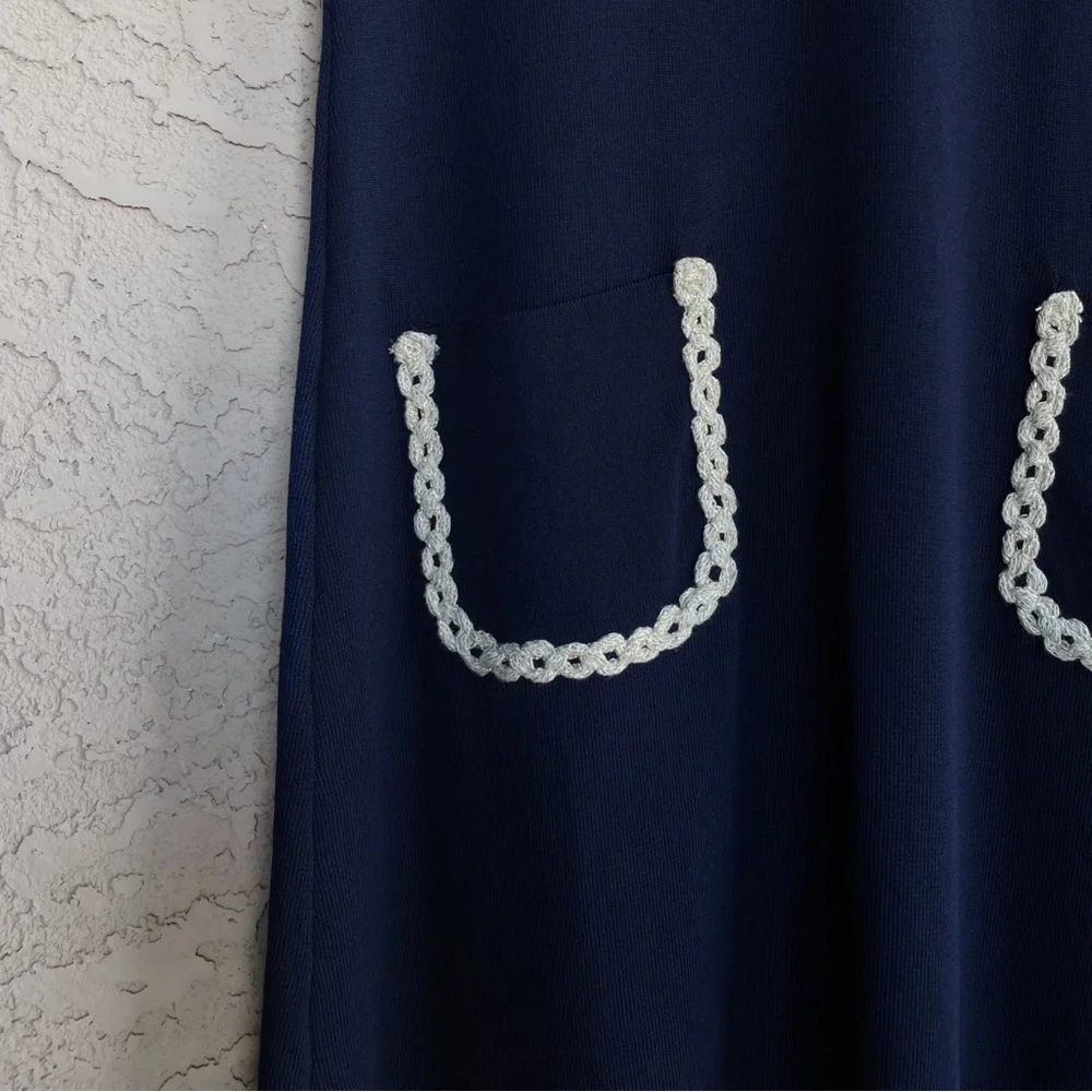 ALEXIA ADMOR Navy Knit Piper Dress w/ Pearl Buttons Embroidered Collar & Pockets - Picture 5 of 13